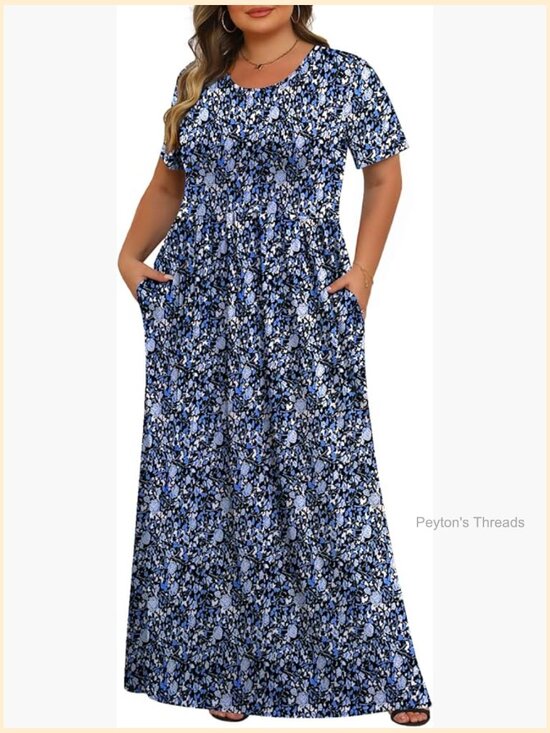 Dresses & Skirts - Plus Size Maxi Dress Short Sleeve with Pockets Summer Casual Long Dress
